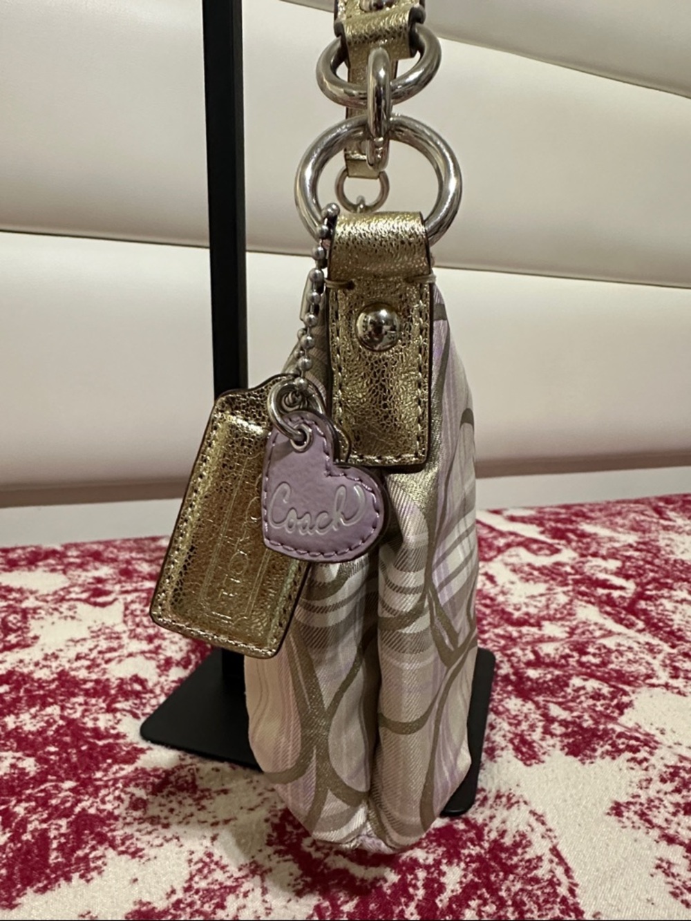 COACH Metallic Beige & Lilac Plaid Signature Shoulder Bag - Picture 6 of 16